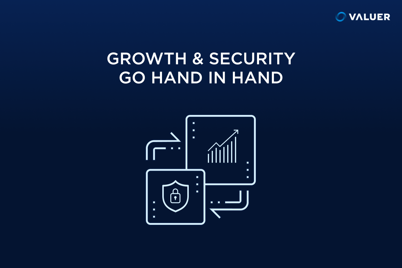 Growth & Security go hand in hand. Picture depicts a bar graph representing growth and a lock in a security shield to represent data security