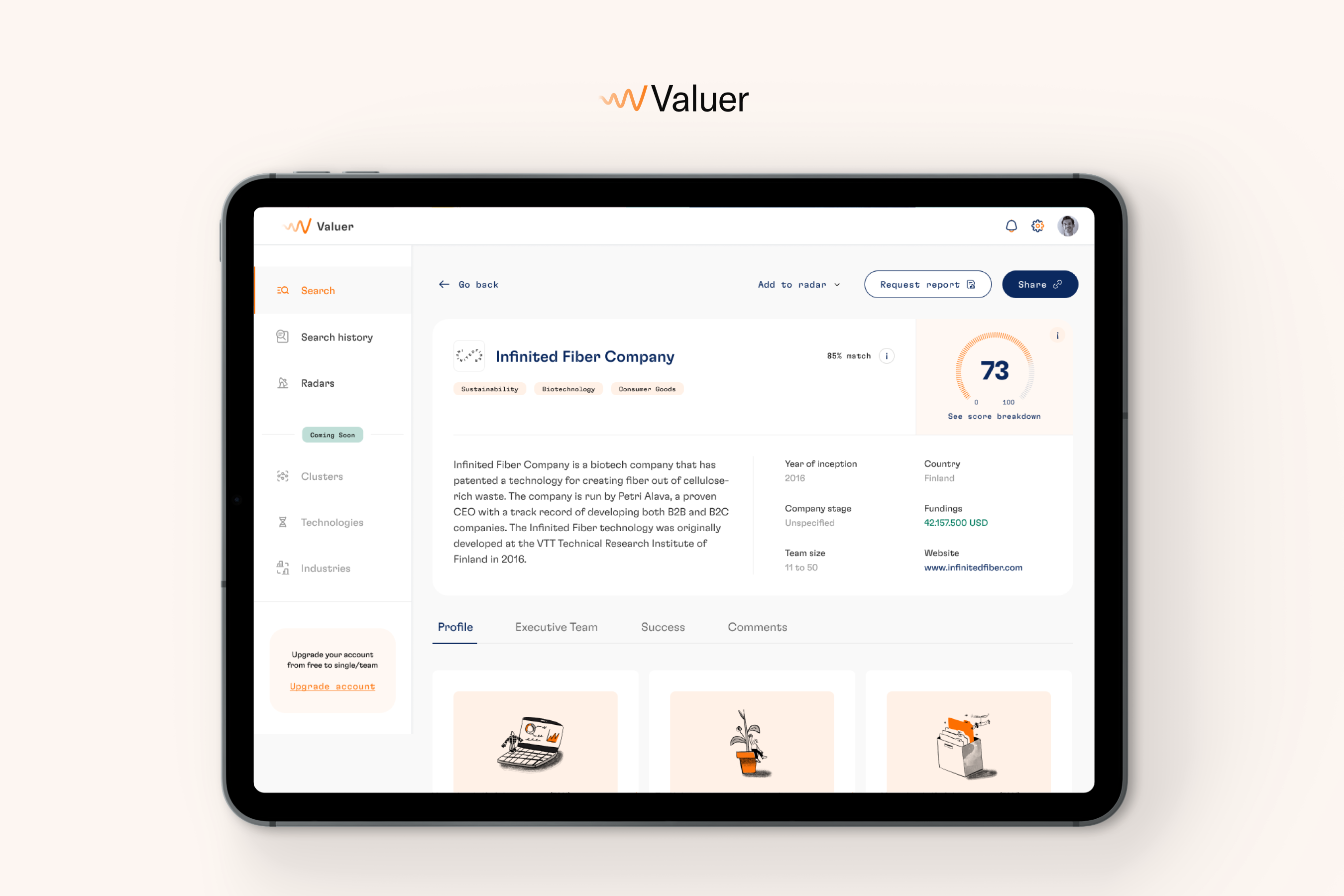 Valuer new platform on an Ipad screen