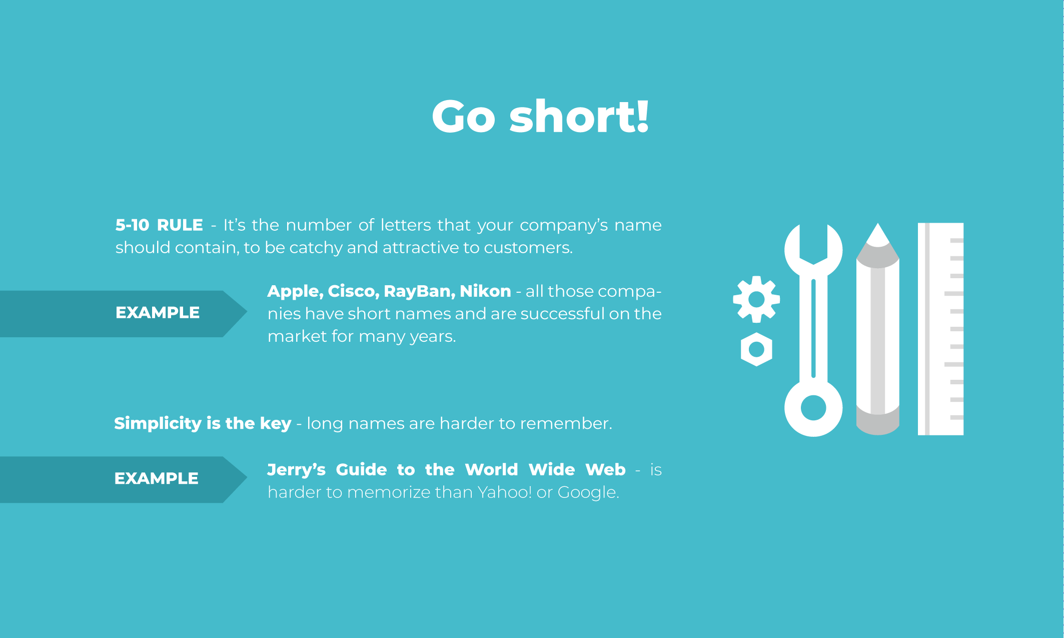 Go short infographic with teal background with white text and white graphic gears, wrench, pencil, and ruler