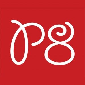 P8 logo with white letters on a red background
