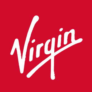 Virgin logo with white letters on red background