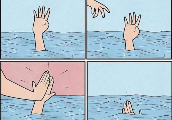 four panel image high five in water