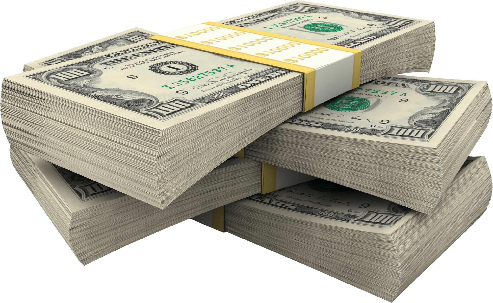 four stacks of hundred dollar bills
