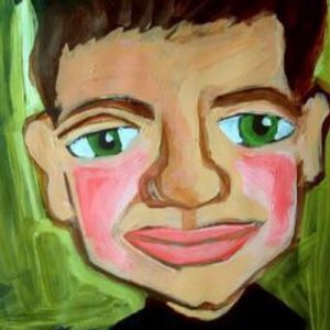 AVC personal blog - picture of a human face with red chicks green eyes on green background