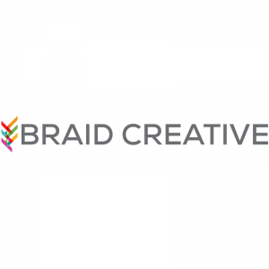 Braid Creative  - text with grey letters with a colorful pattern on the left side on a transparent background