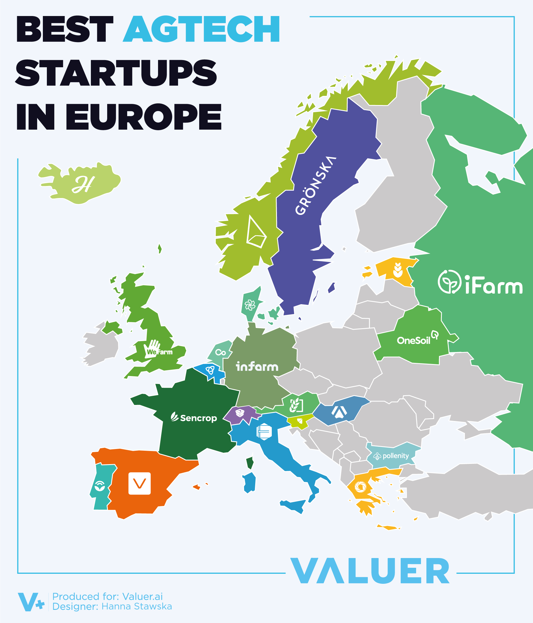 A map of Europe showing the best agriculture technology startups in Europe
