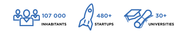boulder colorado statistics on the number of inhabitants startups and universities black text blue images of rocket people and graduation cap and paper