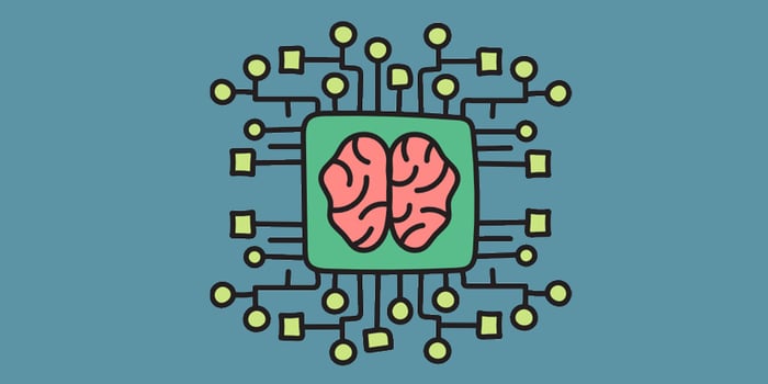 Brain drawing in green square with lines with squares and circles extending on blue background