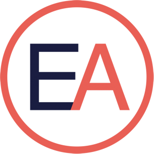 Entrepreneur Academy - red circle with two letters in the middle blue e and red a on a white background