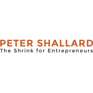 Peter Shallard logo text the shrink of entrepreneurs black and orange letters on a grey background