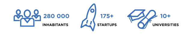 statistics on the number of inhabitants startups and universities black text blue images of rocket people and graduation cap and paper ljubljana slovenia