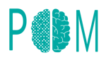 Piece of Mind logo letters POM in teal colour with brain in center