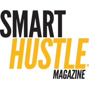 Smart Hustle Magazine logo with blue and yellow letters on a transparent background