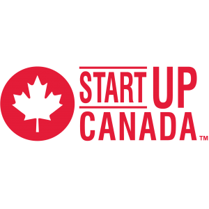 StartUp Canada logo with red letters and a transparent leaf in red circle on transparent background
