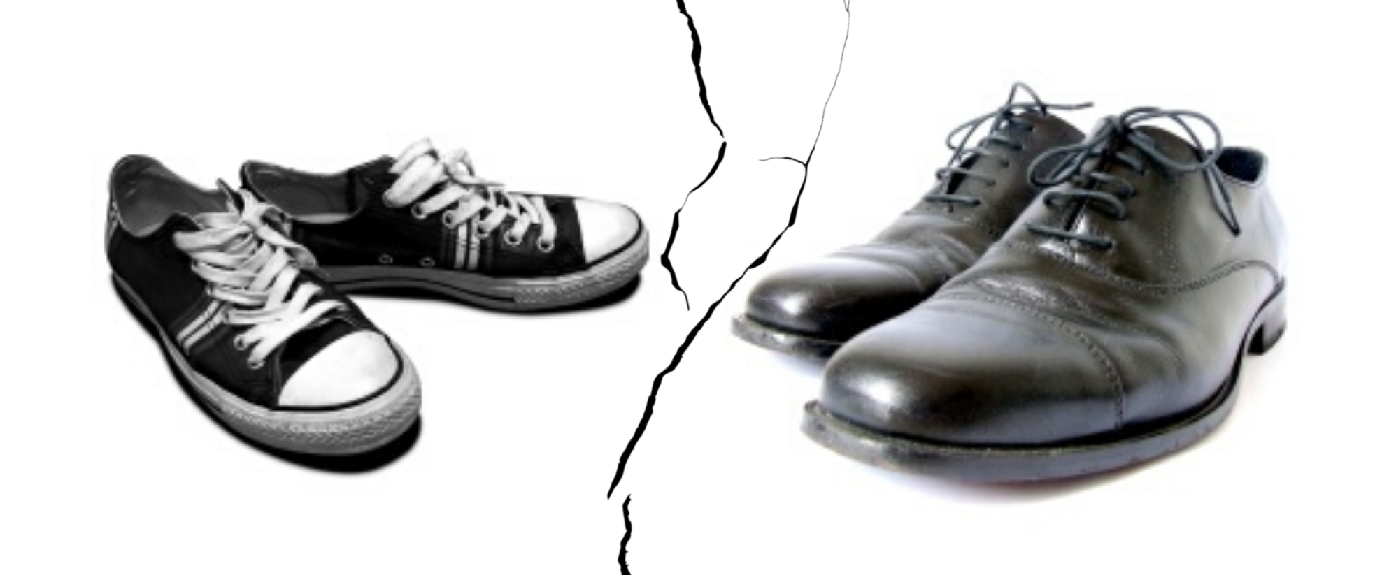 A pair of black converse shoes to the left divided by a crack in the screen with a pair of black formal shoes to the right