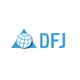 DFJ logo, light blue capital letters, light blue triangle on the left with the graphic of the globe