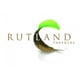 Rutland Partners logo, a leaf half brown half green in the middle of the background, dark brown capital letters