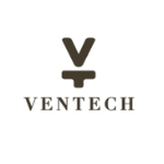Ventech logo, black capital letters, above the name capital and bolt letters VT, white background