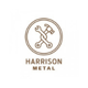 Harrison metal logo, capital dark letters, picture above the name with hammer in the circle