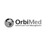 Orbimed logo, black and grey letters, black and white graphic of the planet on the left side
