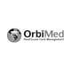 Orbimed logo, black and grey letters, black and white graphic of the planet on the left side