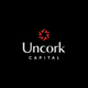 Uncork Capital logo, white letters, black background, red circle shape above the name