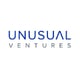 Unusual ventures logo, blue capital letters