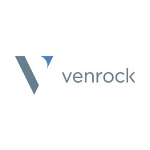 Venrock logo, grey capital letters, capital large grey and blue V on the left