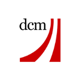 DCM logo, black letters, red lines on the right side