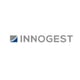 Innogest logo, grey capital letters, grey and blue square on the right side