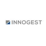 Innogest logo, grey capital letters, grey and blue square on the right side