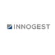 Innogest logo, grey capital letters, grey and blue square on the right side