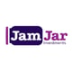 JamJar logo, a purple jar with white letters inside, on the right side second part of the name in purple letters with the white background