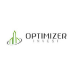 Optimizer Invest logo, black capital letters, white background, a graphics of the buildings on the left side