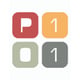 P101 logo, four colourful squares, one red square with white capital P letter inside, one orange square with white number one inside, under those two there is a light grey square with white zero in it, and dark grey square with white number one