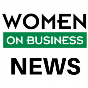 Women on Business logo with black and white letters on a white and green background