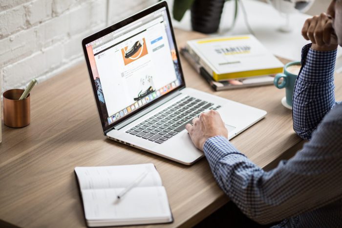 person using laptop with books on desk