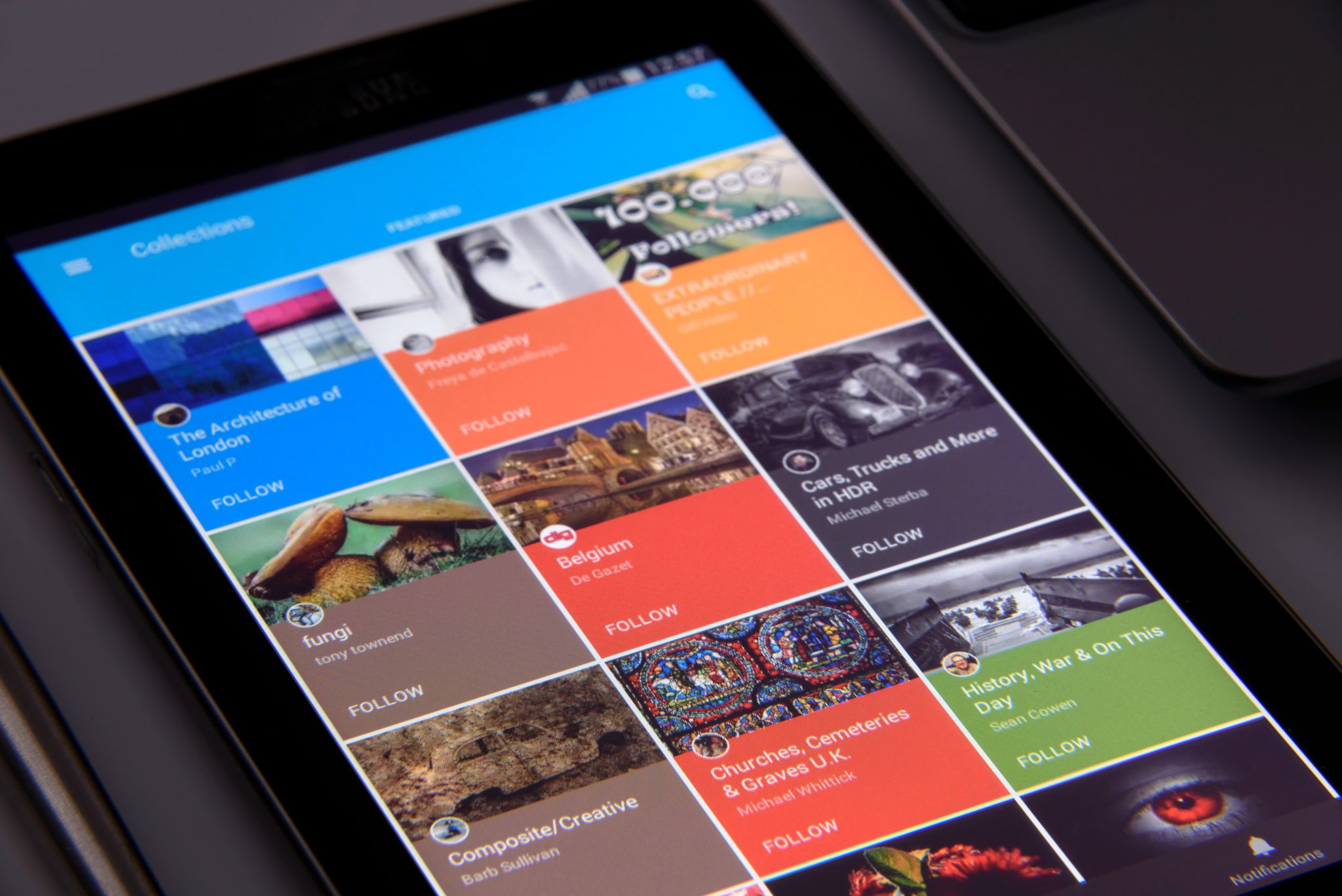 Tablet with topics displayed