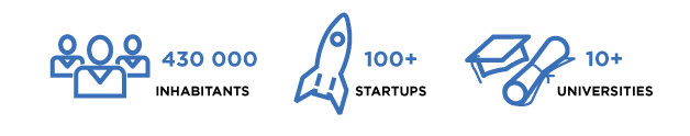 statistics on the number of inhabitants startups and universities black text blue images of rocket people and graduation cap and paper bratislava slovakia