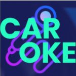 Caroke logo light green Car Oke with a microphone on a purple background
