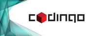Codingo logo with black lettering and a red cube, green shapes appear on the left.hand side, white background