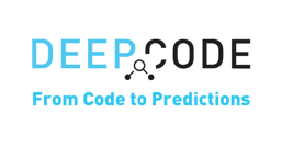Deepcode logo with black and blue lettering and black circles graphic, white background