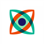 Equaleyes logo Green blue eye and orange eyes crossed on a white background