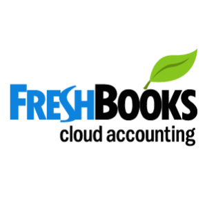FreshBooks cloud accounting blue and black text with green leaf on the top right side on a white background