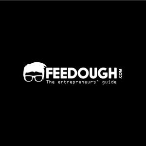 Feedough - white hair and glasses and white letters on a black background