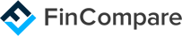 Fincompare logo with black lettering and dark and light blue shapes on a white background