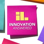 Innovation answered logo - pink square with text