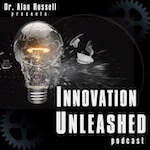Innovation unleashed logo - black background with a bulb