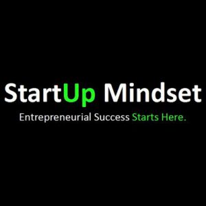 Startup Mindset logo with white and green letters on a black background