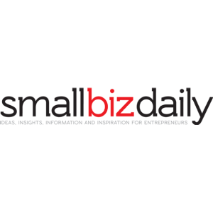 Smallbizdaily logo with black and red letters on a transparent background